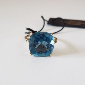 14K Yellow Gold London Blue Topaz Pave Diamond Ring Size 8